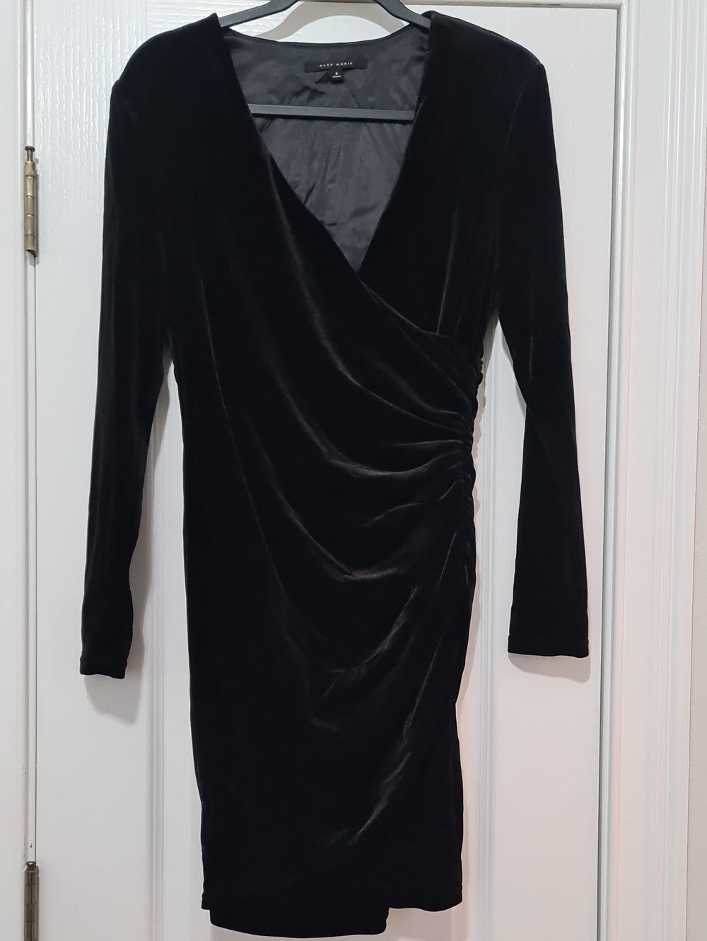 Alex Marie - Black Velvet Faux Wrap-Style Long Sleeve Dress